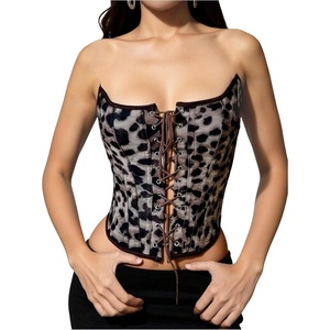 image:imageMakeMeChic Womens Renaissance Corset Bustier Tops Shapewear Lingerie Lace Up Floral Sexy Strapless Overbust Crop TopBrown Leopard