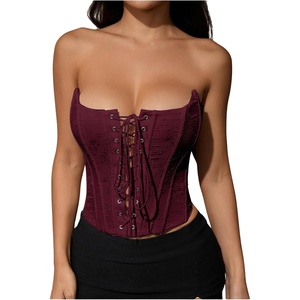 image:imageMakeMeChic Womens Renaissance Corset Bustier Tops Shapewear Lingerie Lace Up Floral Sexy Strapless Overbust Crop TopBurgundy