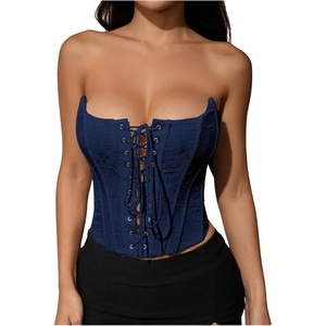 image:imageMakeMeChic Womens Renaissance Corset Bustier Tops Shapewear Lingerie Lace Up Floral Sexy Strapless Overbust Crop TopDark Blue