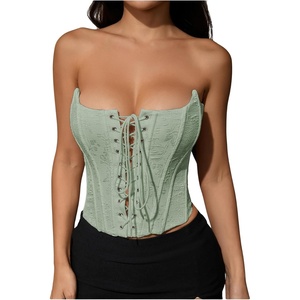 image:imageMakeMeChic Womens Renaissance Corset Bustier Tops Shapewear Lingerie Lace Up Floral Sexy Strapless Overbust Crop TopGreen