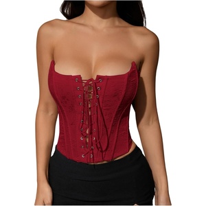 image:imageMakeMeChic Womens Renaissance Corset Bustier Tops Shapewear Lingerie Lace Up Floral Sexy Strapless Overbust Crop TopRed