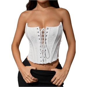 image:imageMakeMeChic Womens Renaissance Corset Bustier Tops Shapewear Lingerie Lace Up Floral Sexy Strapless Overbust Crop TopWhite