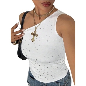 image:imageMakeMeChic Womens Rhinestone Tank Top Y2K One Shoulder Sleeveless Summer Going Out Crop TopsWhite
