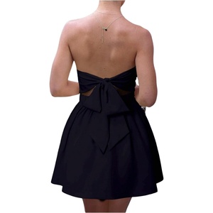 image:imageMakeMeChic Womens Strapless Backless Mini Dress Summer Ruffle Tube Bandeau Shorts Dress with BowDark Blue