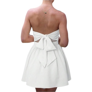 image:imageMakeMeChic Womens Strapless Backless Mini Dress Summer Ruffle Tube Bandeau Shorts Dress with BowWhite