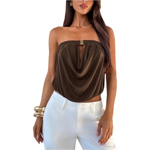 image:imageMakeMeChic Womens Strapless Tube Tops Draped Front Backless Elegant Dressy Crop TopsBrown