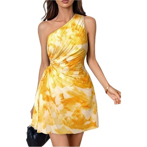 image:imageMakeMeChic Womens Summer Dress 2026 Tie Dye One Shoulder Mini Dress Pleated Cut Out Wedding Guest DressesYellow