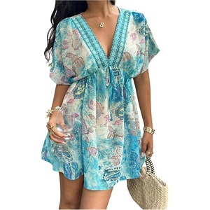 image:imageMakeMeChic Womens Summer Mini Dress Boho Floral Print Short Sleeve V Neck A Line Short DressesMulticolor