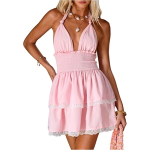 image:imageMakeMeChic Womens Summer Mini Dress Floral Halter Ruffle Backless A Line Dresses Flowy Cami Vacation SundressPink