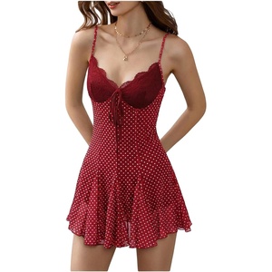 image:imageMakeMeChic Womens Summer Polka Dots Mini Dress Lace V Neck Tie Front Short Dresses Party Club Rave OutfitsBurgundy