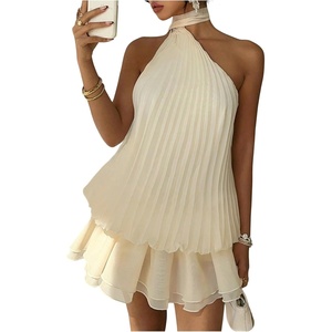 image:imageMakeMeChic Womens Summer Wedding Guest Dresses Backless Halter Pleated Ruffle Mini Sundress with ScarfApricot