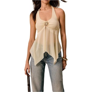 image:imageMakeMeChic Womens Tie Backless Halter Tops Asymmetrical Split Hem Going Out Tank TopApricot
