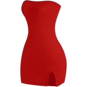 image:imageMakeMeChic Womens Tube Top Dress Y2K Split Bodycon Strapless Party Mini Dresses Concert OutfitRed