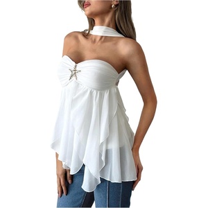 image:imageMakeMeChic Womens Y2K Halter Ruffle Tops Starfish Metal Asymmetrical Tops Tie Open Back Tank TopsWhite