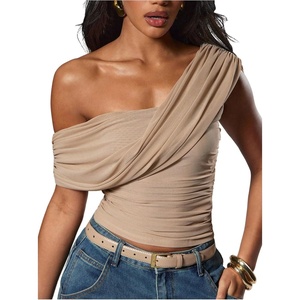 image:imageMakeMeChic Womens Y2k Off The Shoulder Tops Twist Mesh T Shirt Going Out TopsKhaki