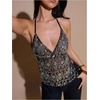 image:imageMAKEMECHIC Womens Sequin Sparkly Halter Crop Tops V Neck Open Back Party Night Out TopBlack and Gold