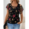 image:imageMakeMeChic Womens 2 in 1 Tee Shirt Short Sleeve Contrast Lace Asymmetrical Neck Summer TopBlack a