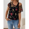 image:imageMakeMeChic Womens 2 in 1 Tee Shirt Short Sleeve Contrast Lace Asymmetrical Neck Summer TopBlack a