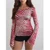 image:imageMakeMeChic Womens Animal Print Top Zebra Print Mesh Long Sleeve T Shirts Y2K Going Out Tops Concert OutfitsRed