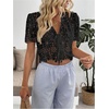 image:imageMakeMeChic Womens Boho Floral Lace V Neck Blouse Tie Front Short Sleeve Crop TopsBlack B