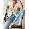image:imageMakeMeChic Womens Boho Vacation Eyelet Embroidery Blouse Puff Sleeve Tie V Neck Shirt TopsApricot