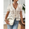 image:imageMakeMeChic Womens Boho Vacation Eyelet Embroidery Blouse Puff Sleeve Tie V Neck Shirt TopsApricot