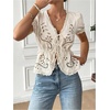 image:imageMakeMeChic Womens Boho Vacation Eyelet Embroidery Blouse Puff Sleeve Tie V Neck Shirt TopsApricot