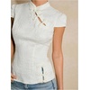 image:imageMakeMeChic Womens Chinese Shirts Summer Cheongsam Tops Mock Neck Buckle Short Sleeve BlouseApricot