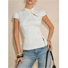 image:imageMakeMeChic Womens Chinese Shirts Summer Cheongsam Tops Mock Neck Buckle Short Sleeve BlouseApricot