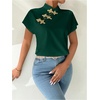 image:imageMakeMeChic Womens Chinese Shirts Summer Cheongsam Tops Mock Neck Buckle Short Sleeve BlouseDark Green