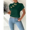 image:imageMakeMeChic Womens Chinese Shirts Summer Cheongsam Tops Mock Neck Buckle Short Sleeve BlouseDark Green