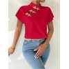 image:imageMakeMeChic Womens Chinese Shirts Summer Cheongsam Tops Mock Neck Buckle Short Sleeve BlouseRed