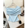 image:imageMakeMeChic Womens Cold Shoulder T Shirt Rhinestone Elegant Bow Asymmetrical Dressy Casual TopsBlue