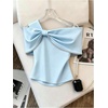 image:imageMakeMeChic Womens Cold Shoulder T Shirt Rhinestone Elegant Bow Asymmetrical Dressy Casual TopsBlue