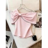 image:imageMakeMeChic Womens Cold Shoulder T Shirt Rhinestone Elegant Bow Asymmetrical Dressy Casual TopsPink