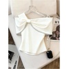 image:imageMakeMeChic Womens Cold Shoulder T Shirt Rhinestone Elegant Bow Asymmetrical Dressy Casual TopsWhite