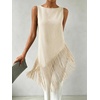 image:imageMakeMeChic Womens Crew Neck Fringe Hem Blouse Sleeveless Keyhole Back Fall Dressy Tank TopsBeige