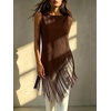 image:imageMakeMeChic Womens Crew Neck Fringe Hem Blouse Sleeveless Keyhole Back Fall Dressy Tank TopsBrown