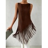 image:imageMakeMeChic Womens Crew Neck Fringe Hem Blouse Sleeveless Keyhole Back Fall Dressy Tank TopsBrown