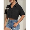image:imageMakeMeChic Womens Cropped Button Up Shirt Short Sleeve Collar Shirts Blouse Crop TopsBlack