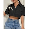 image:imageMakeMeChic Womens Cropped Button Up Shirt Short Sleeve Collar Shirts Blouse Crop TopsBlack