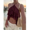 image:imageMakeMeChic Womens Cute Summer Ruffle Halter Crop Tank Top Layered Flowy Y2k Going Out TopsBrown