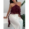 image:imageMakeMeChic Womens Cute Summer Ruffle Halter Crop Tank Top Layered Flowy Y2k Going Out TopsBrown