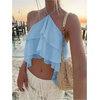 image:imageMakeMeChic Womens Cute Summer Ruffle Halter Crop Tank Top Layered Flowy Y2k Going Out TopsLight Blue