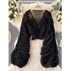image:imageMakeMeChic Womens Deep V Neck Lantern Sleeve Crop Blouse Ruffle TopsBlack