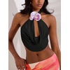 image:imageMakeMeChic Womens Draped Neck Halter Top 3D Floral Backless Sleeveless Summer Beach Vacation Crop Tank TopsBlack