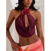 image:imageMakeMeChic Womens Draped Neck Halter Top 3D Floral Backless Sleeveless Summer Beach Vacation Crop Tank TopsRed