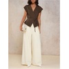 image:imageMakeMeChic Womens Fall Wrap V Neck Blouse Button Up Cap Sleeve Belted Business Dressy TopsBrown
