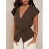 image:imageMakeMeChic Womens Fall Wrap V Neck Blouse Button Up Cap Sleeve Belted Business Dressy TopsBrown