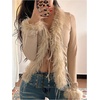 image:imageMakeMeChic Womens Faux Fur Fuzzy Long Sleeve Top Mesh Lace Open Front Y2K Tee ShirtsKhaki